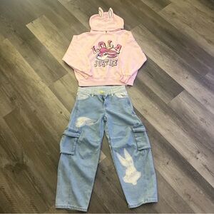 Justice Pink Hoodie with Light Wash Denim Bunny Cargo Jeans